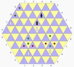 The white pawns can move to cells marked with green dots, or capture on red dots. The white pawn on f21 has no step straight forward, so advances one step at a time to promotion using its capture move, either moving or capturing. If the black pawn on g46 advances, the white pawn on e54 can capture it, for example: 1... e55 2. exf64 e.p.