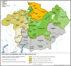 The League of God's House in green within the Three Leagues. The Grey League is shown in shades of brown, the League of the Ten Jurisdictions is shown in orange and subject territories, subsequently lost, in grey.