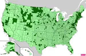 Counties in the United States by per capita income according to the U.S. Census Bureau American Community Survey 2013–2017 5-Year Estimates. Counties with per capita incomes higher than the United States as a whole are in full green.