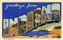 Image 1"Greetings from Indiana" large-letter postcard c. 1939 (from History of Indiana)