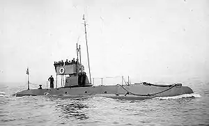 USS C-5 underway in New York Harbor during a review in 1912.