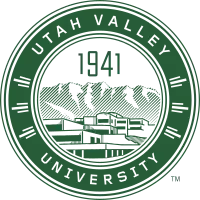 The seal of Utah Valley University, with a representation of the main campus and Mount Timpanogos behind it