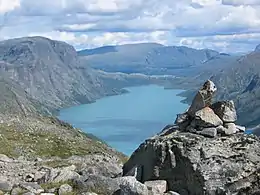 View over Gjende seen toward east, with Besseggen on the left