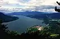 View from atop Wind Mountain looking west at the confluence of the Wind River (right) and the Columbia River (center).