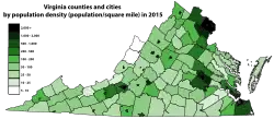 Virginia counties and cities by population density (population/ square mile) in 2015.