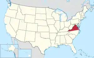 Virginia is located on the Atlantic coast along the line that divides the northern and southern halves of the United States. It runs mostly east to west. It includes a small peninsula across a bay which is discontinuous with the rest of the state.