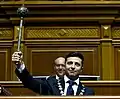 Volodymyr Zelenskyy lifting presidential bulava during the 2019 presidential inauguration of Ukraine