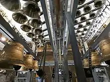 Bells hanging from beams and attached to a system of wires.