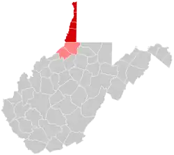 Map of counties in the Northern Panhandle. Red denotes counties physically part of the region, while light red denotes counties considered to belong to the region culturally, but not physically.