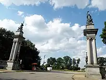 The Welcome Sculptures at the North Highland Avenue entrance of the park, sculpted in 1896 by Giuseppe Moretti.