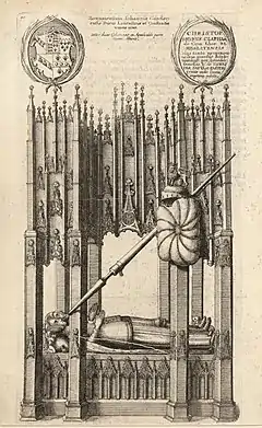 The tomb of John of Gaunt and Blanche of Lancaster in the choir of St Paul's Cathedral, as represented in an etching of 1658 by Wenceslaus Hollar. The etching includes a number of inaccuracies, for example in not showing the couple with joined hands. The tomb was lost in the Great Fire of 1666.