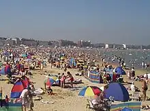 Weymouth Beach as seen from the south on the town's carnival day.