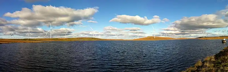 Image 59A panoramic view of the United Kingdom's Whitelee Wind Farm with Lochgoin Reservoir in the foreground. (from Wind power)