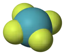 A model of planar chemical molecule with a blue center atom (Xe) symmetrically bonded to four peripheral atoms (fluorine).