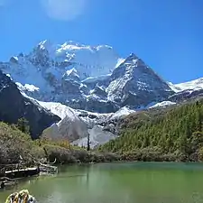 Mount Chenrezig, seen from Yading Xin river, southwest Sichuan. Highest peak of Yading range.