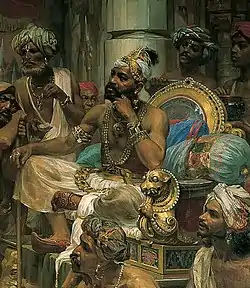 The Zamorin of Calicut (1495–1500) on his throne as painted by Veloso Salgado in 1898