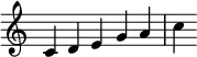   {
\override Score.TimeSignature #'stencil = ##f
\relative c' {
  \clef treble \key c \major \time 5/4 
  c d e g a c
} }
