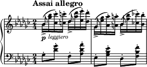 
\new PianoStaff <<
\new Staff = "Up" \with { \magnifyStaff #3/4 } <<
\new Voice \relative c' {
\clef treble
\key ges \major
\tempo "Assai allegro"
\set Score.tempoHideNote = ##t \tempo 4 = 112

\time 2/4
\stemDown
bes'16_> \p (<ges' bes>_\markup{\italic leggiero} <ces, ces'>-.) <c c'>-. des_> (<aes' des> <ees ees'>-.) <des des'>-. ges,_> (<ees' ges> <aes, aes'>-.) <a a'>-. bes_> (<f' bes> <ces! ces'!>-.) <bes bes'>-.
}
\new Voice \relative c' {
\stemUp
bes'8 s des s ges, s bes
}
>>
\new Staff = "Down" \with { \magnifyStaff #3/4 } <<
\new Voice \relative c{
\clef bass
\key ges \major
ges'8-. <des' ges>-. f,-. <aes des aes'>-. ees-. <ges bes ees>-. des-. <f bes f'>-.
}
>>
>>
