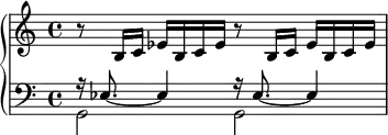 
{
      <<
      \new PianoStaff <<
        \new Staff <<
           \tempo 8=116 \set Score.tempoHideNote = ##t
           \clef treble \key c \major \time 4/4
           \new Voice \relative c' {
                r8 b16 c es b c es r8 b16 c es b c es
                }
            >>
        \new Staff <<
           \clef bass \key c \major \time 4/4
           \new Voice \relative c {
                \voiceOne r16 es8._~ es4 r16 es8._~ es4
                }
           \new Voice \relative c {
                \voiceTwo g2 g
                }
            >> >>
    >>  }
