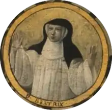 Portrait painting of Beatrice of Nazareth in a nun's habit holding up her hands